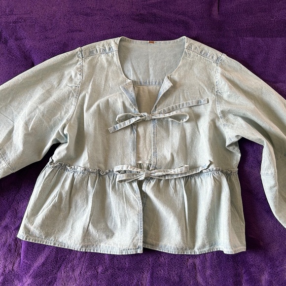 Free People Cotton Denim Brunch Babe Blouse - Picture 8 of 8